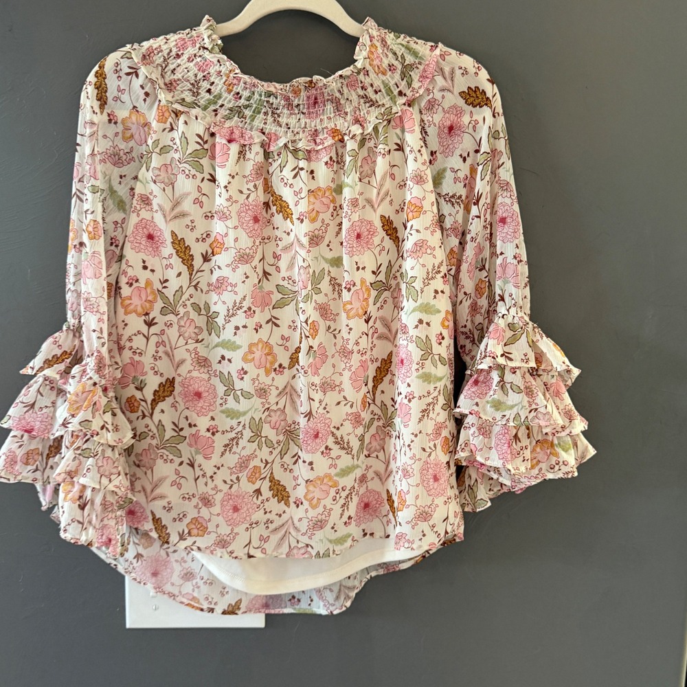 CeCe Smocked Floral Ruffle Tiered Blouse Pink Small Romantic Feminine Coquette - Picture 4 of 8